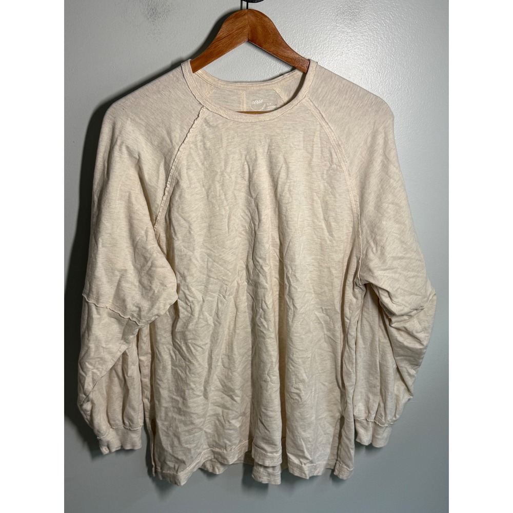 Aerie Womens Small Cream Oatmeal Raglan Long Sleeve Exposed Seam T-Shirt Top